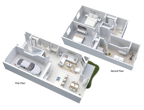 3-D floor plan of 2-story townhome with 2 bedrooms & 1.5 baths